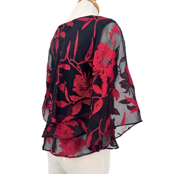 Alex Evenings Black & Red Floral Layered Asymmetrical Hem Blouse, Small - Picture 8 of 17